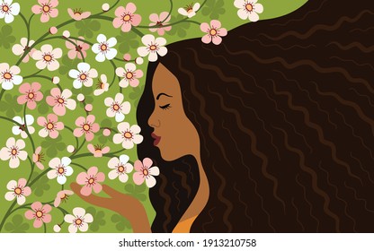 Young girl admires sakura blossoms in spring garden. Greeting Card. Illustration in a flat style. Spring mood. Hello spring.