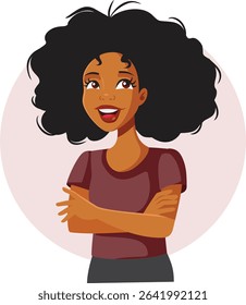 
Young Girl of African Ethnicity Smiling with Joy Vector Illustration. Cheerful carefree lady wearing her natural hairstyle 
