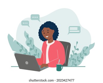 A young girl, an African, a freelancer works on a computer, laptop, communicates virtually from home. The concept of a webinar, a call center, a remote life during quarantine. Vector graphics.