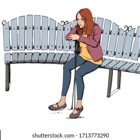 A young girl alone on a bench, exhausted, relaxing after Nordic walking, leaning on sticks, looking down. healthy sporty lifestyles on fresh air. vector illustration