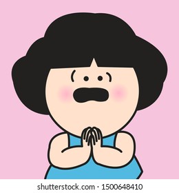 Young Girl With Amazed And Sorry Face, Begging, Wai, Worship Gesture Concept Card Character illustration