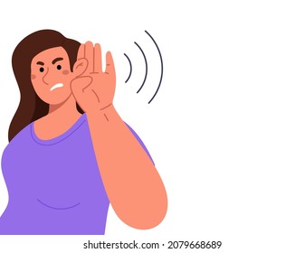 Young girl is angry, holds her hand near her ear. Woman listening intently.Gossip at work, quarrels among friends, bad news.Vector flat illustration on white background.