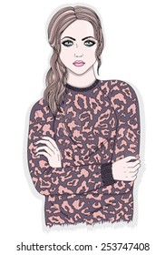 Young girl with animal print jumper. Fashion illustration