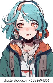 diseño de ilustración vectorial de carácter de personaje de anime joven. El pelo de la animadora Manga se enfrenta a la caricatura. diseño de ilustración vectorial de carácter de personaje de estilo anime infantil facial. dibujos animados femeninos de manga