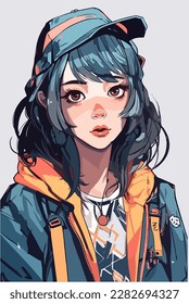 diseño de ilustración vectorial de carácter de personaje de anime joven. El pelo de la animadora Manga se enfrenta a la caricatura. diseño de ilustración vectorial de carácter de personaje de estilo anime infantil facial. dibujos animados femeninos de manga