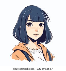 diseño de ilustración vectorial de carácter de personaje de anime joven. El pelo de la animadora Manga se enfrenta a la caricatura. diseño de ilustración vectorial de carácter de personaje de estilo anime infantil facial. dibujos animados femeninos de manga