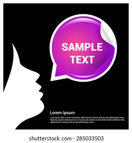Young girl announcement with curled corner speech bubble on purple Pink background - advertising concept - vector illustration