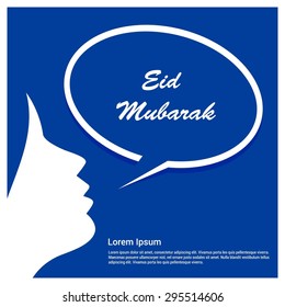 Young girl announcement Eid Mubarak with speech bubble on Blue background - advertising concept - vector illustration