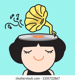 A Young Girl With Antique Record Player Inside Her Open Head Or Skull, Symbol Of Relaxing Mood Concept Card Character illustration