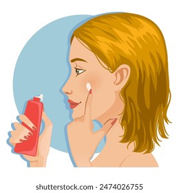 Young girl applies a base on the skin during her makeup ritual, vector illustration, eps10