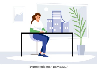 Ein junger Mädchenarchitekt baut ein Layout eines zukünftigen mehrstöckigen Hauses zu Hause auf einem Desktop. Ein modernes, in blauen Tönen gehaltenes Flachzimmer. Indoor-Pflanze.  