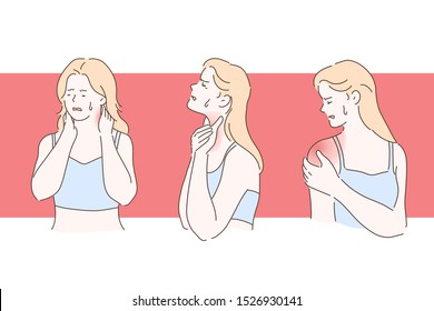 Young girl with arthralgia concept. Patient with sore throat, stretched neck muscles and painful joints inflammation, woman suffering from pain set. Simple flat vector