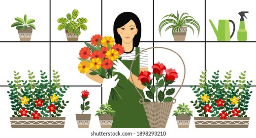 young girl of Asian appearance works as a florist in a flower shop. a Korean, Chinese or Japanese woman holds a large bouquet of flowers. stock vector illustration. EPS 10.