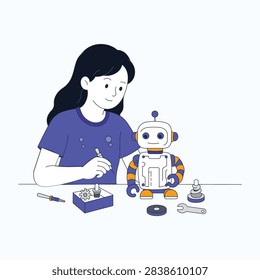 Young girl assembling a toy robot at a table with assembling