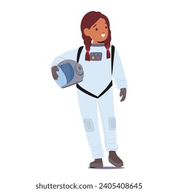 La Joven Astronauta, Atrapada En Un Espacio Específico, Cava Su Casco Con Maravilla De Ojos Amplios, Embosando Sueños De Exploración Cósmica Y Las Limitadas Posibilidades Del Universo. Ilustración del vector de dibujos animados