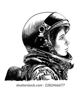 A young girl astronaut in a spacesuit in a helmet with an open glass visor