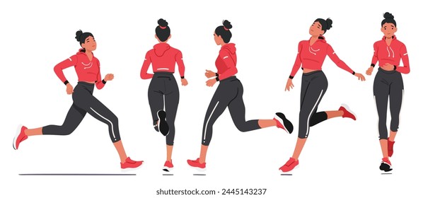 Young Girl Athlete Dashes Anmutig Seiten-, Vorder- und Rückansicht. Sportlerin Charakter sprintet mit Entschlossenheit, der rhythmische Donnerschlag ihrer Sneaker hallt auf Titel. Cartoon Menschen Vektorillustration