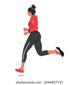 Young Girl Athlete Jogger Character Dashes Forward, Her Limbs Synchronized In Graceful Athleticism, Eyes Fixed Ahead, Embodying The Pure Essence Of Runner In Motion. Cartoon People Vector Illustration