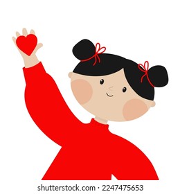 Young girl baby face. Beautiful lady, female holding red heart. Portrait of woman. Brunette hairstyle. Black bun hair. Love card. Cute cartoon funny character. Flat design. White background. Vector