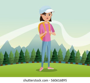young girl backpack cap landscape background