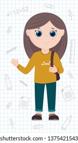 Young girl with backpack. Design element for posters, banners, brochures, cards, flyers