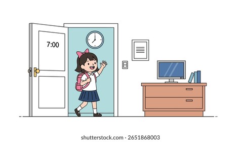 Menina com mochila entrando na sala de aula entusiasmada para aprender e descobrir