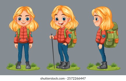 Young girl with backpack and hiking gear