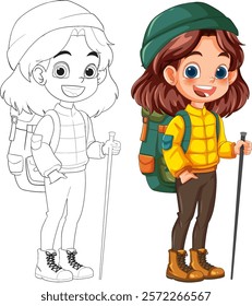 Young girl with backpack and hiking gear