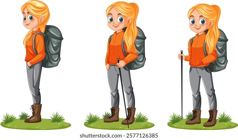 Young girl with backpack and hiking gear