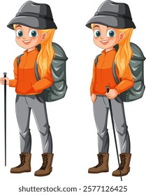 Young girl with backpack and hiking gear