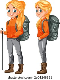 Young girl with backpack and hiking gear