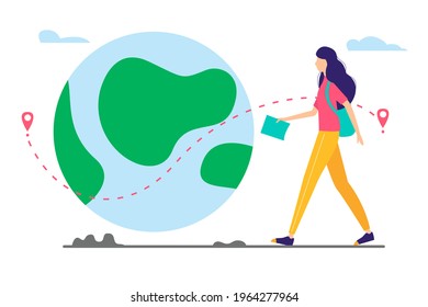 Young girl with backpack and map walking near a big planet. Vacation, travel concept. Vector flat style illustration.