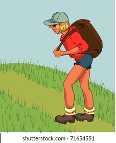 young girl with a backpack in mountains