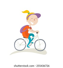 Young girl with backpack on a bike, flat illustration