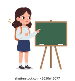 A young girl with a backpack points to a blank chalkboard, looking surprised.