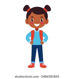 A young girl with a backpack is smiling. She is wearing a blue shirt and blue jeans. The girl is standing in front of a white background. Back to school.