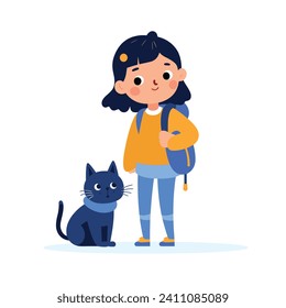A young girl with a backpack is standing next to a blue cat in this vibrant vector illustration.