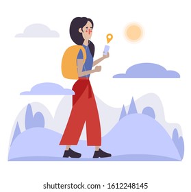 young girl with backpack using smartphone mobile navigation app with location marker walking road