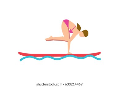 Young girl balancing on sup board vector illustration isolated on white background. Fitness on water, active summer vacation, healthy lifestyle in flat design.