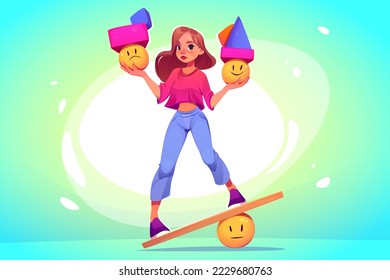 Young girl balancing on wooden board with happy and sad emotion balls in hands. Woman with bipolar disease, mood and feelings change, human psychology, mental health, expression, Cartoon illustration