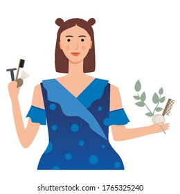 A young girl with a bamboo toothbrush, cotton discs, a metal reusable razor and a shaving brush, plastic free. Stock vector flat illustration with woman as zero waste concept. Isolated on a white