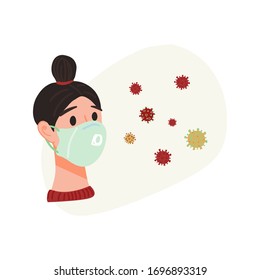 Young girl with ban in medical mask on her face and corona viruses microbes. Virus prevention measures, covid-19 disease, health care concept. Flat hand drawn vector isolated illustration.
