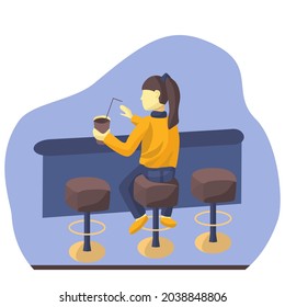 Young girl in the bar sitting on a bar chair and drinking coffee. Teen at the bar and waving to bartender. Vector illustration isolated on white. 