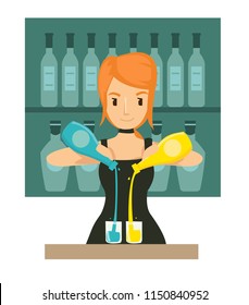 Young girl bartender mixing cocktail in th bar