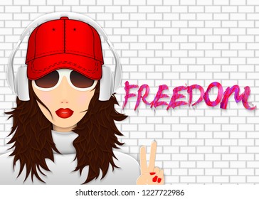 Young girl in baseball cap and headphones against a brick wall shows a sign of freedom on the fingers. Graffiti Freedom on a brick wall. Vector illustration. Peper cut uot style.