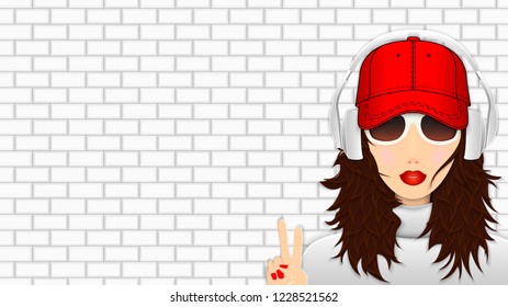 Young girl in baseball cap and headphones against a brick wall shows a sign of freedom on the fingers. Vector illustration. Peper cut uot style. Popular aspect ratio 16:9.