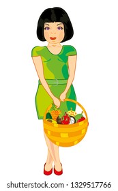 young girl with basket of exotic fruit