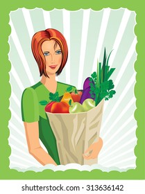 Young girl with basket of fruits and vegetables