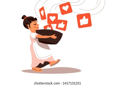 Young girl with a basket  grabbing like notifications. Addiction to internet approval and validation. Vector illustration in flat cartoon style. - Vector
