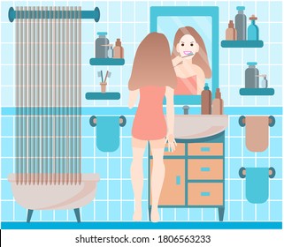 Young girl in the bath brushing her teeth. Vector illustration in flat style.
